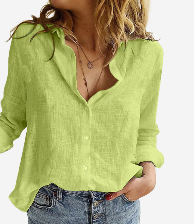 Women's Collared Blouse with Roll-Tab Sleeve and Button Front