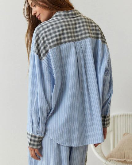 Women's Colour-Block Check Pajama Set with Chest Pocket