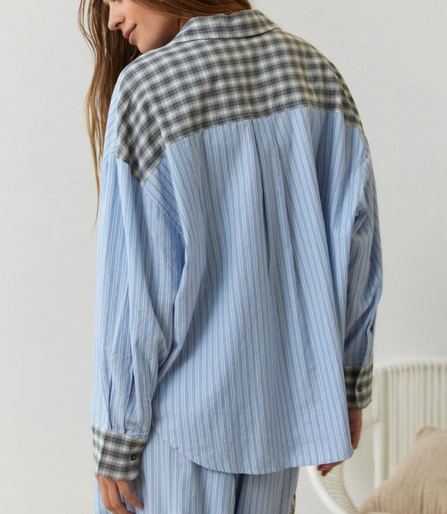 Women's Colour-Block Check Pajama Set with Chest Pocket