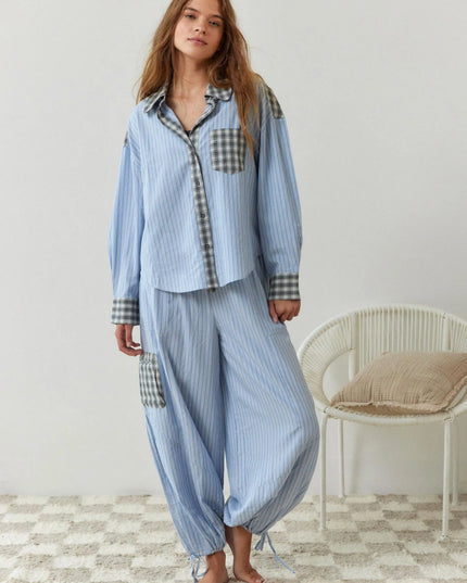 Women's Colour-Block Check Pajama Set with Chest Pocket
