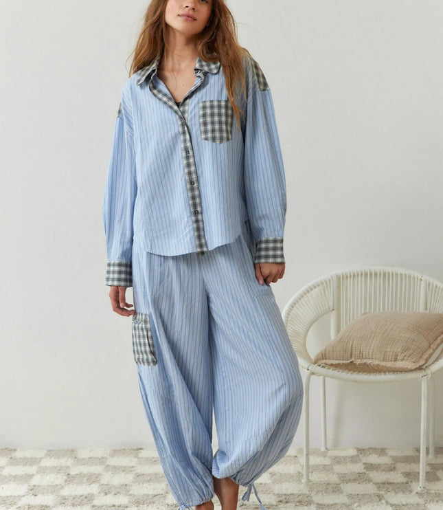 Women's Colour-Block Check Pajama Set with Chest Pocket