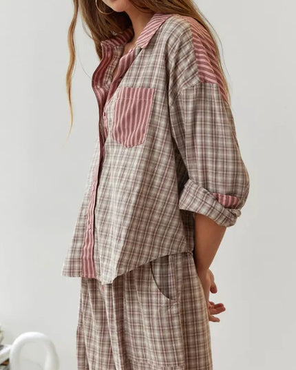 Women's Colour-Block Check Pajama Set with Chest Pocket