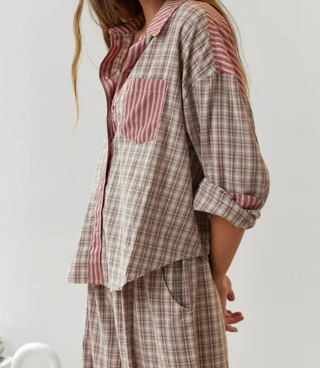 Women's Colour-Block Check Pajama Set with Chest Pocket