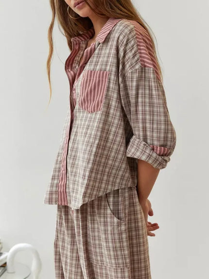 Women's Colour-Block Check Pajama Set with Chest Pocket