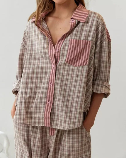 Women's Colour-Block Check Pajama Set with Chest Pocket
