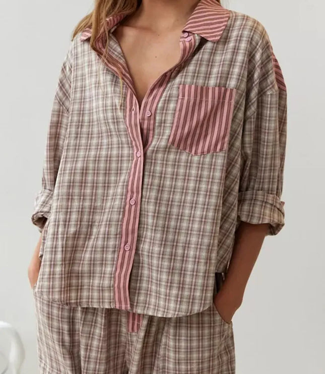 Women's Colour-Block Check Pajama Set with Chest Pocket