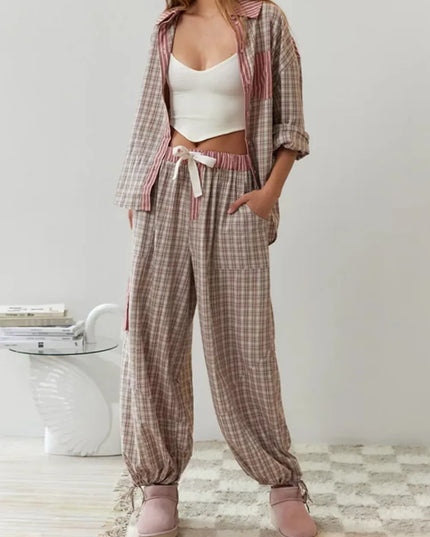 Women's Colour-Block Check Pajama Set with Chest Pocket