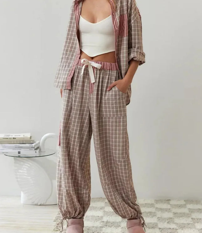Women's Colour-Block Check Pajama Set with Chest Pocket