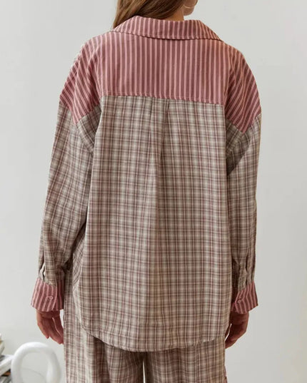 Women's Colour-Block Check Pajama Set with Chest Pocket