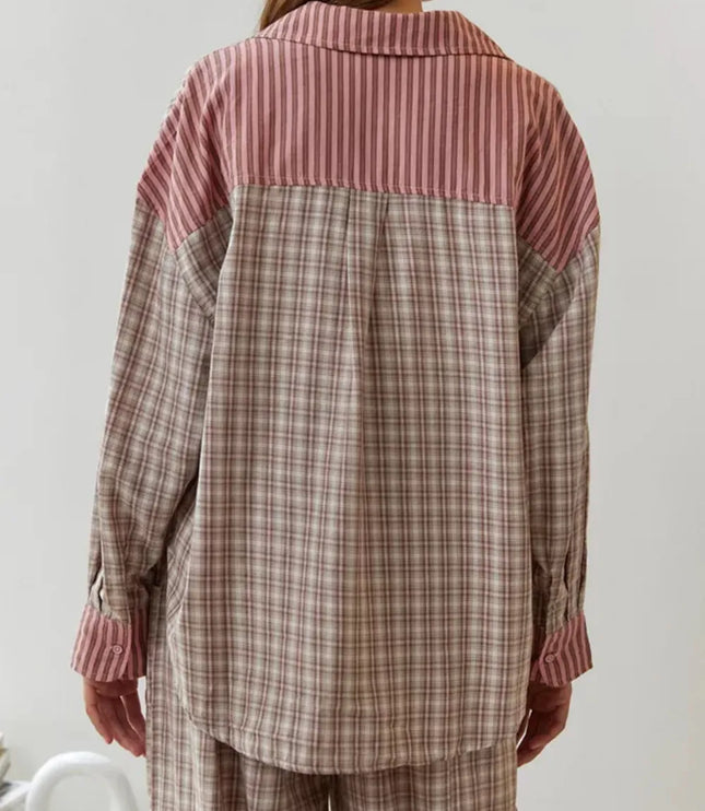 Women's Colour-Block Check Pajama Set with Chest Pocket