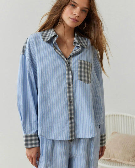 Women's Colour-Block Check Pajama Set with Chest Pocket