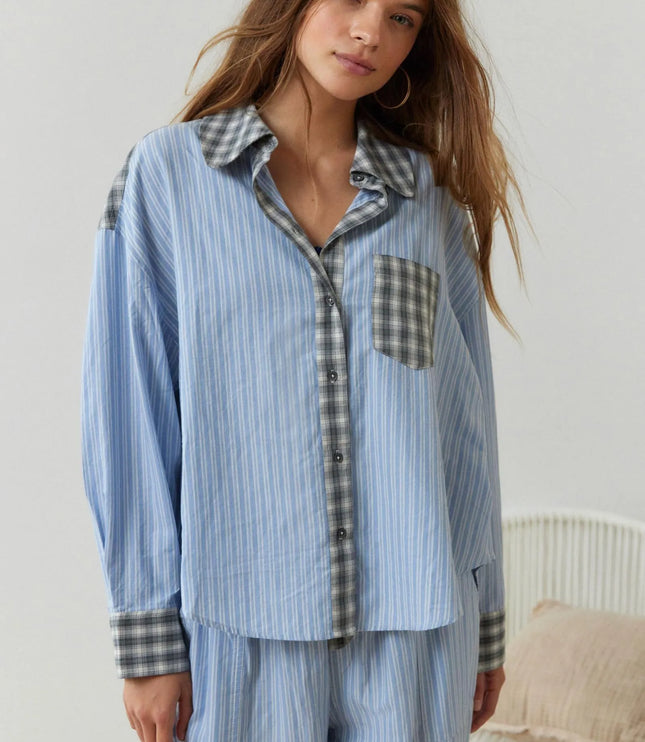 Women's Colour-Block Check Pajama Set with Chest Pocket