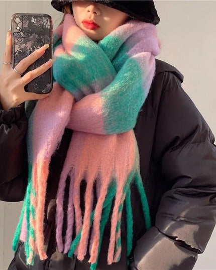 Women's Colourblock Plaid Fringed Scarf