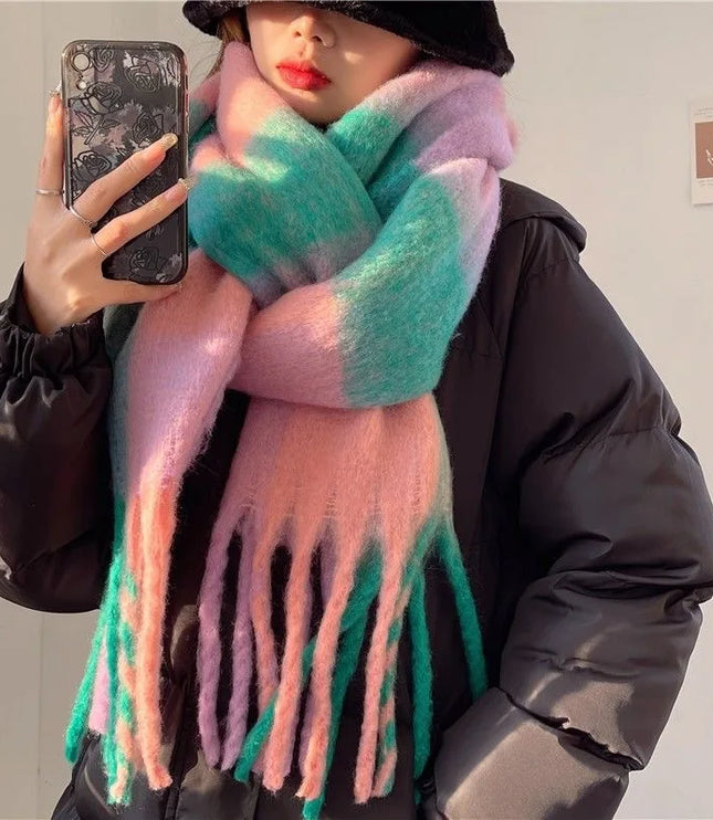 Women's Colourblock Plaid Fringed Scarf