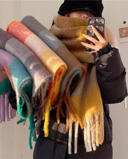 Women's Colourblock Plaid Fringed Scarf