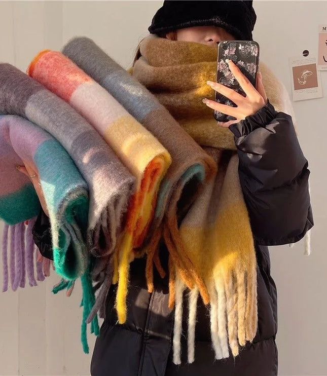 Women's Colourblock Plaid Fringed Scarf