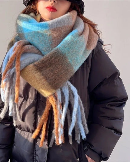 Women's Colourblock Plaid Fringed Scarf