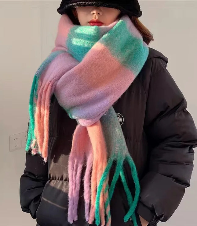 Women's Colourblock Plaid Fringed Scarf