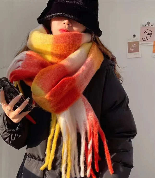 Women's Colourblock Plaid Fringed Scarf