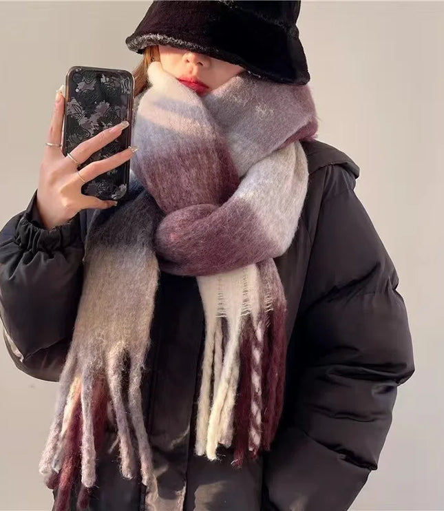 Women's Colourblock Plaid Fringed Scarf