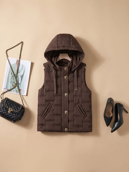 Women's Concealed Button Drawcord Hood Puffer Vest