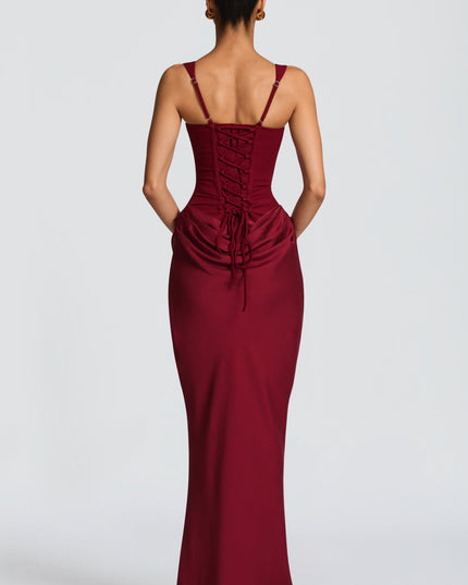 Women's Corset Maxi Dress with Wide Straps and Draped Skirt