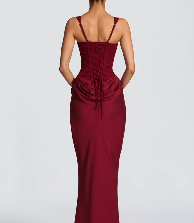 Women's Corset Maxi Dress with Wide Straps and Draped Skirt