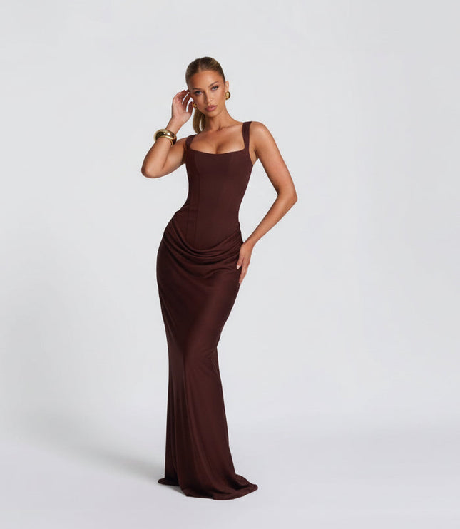 Women's Corset Maxi Dress with Wide Straps and Draped Skirt