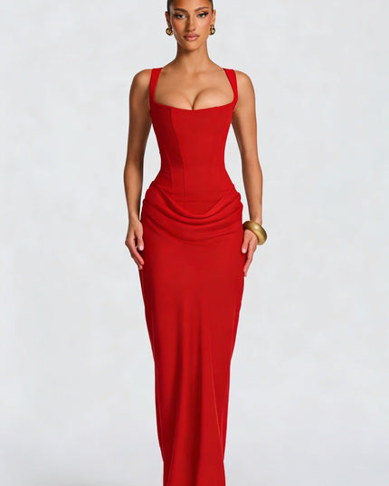 Women's Corset Maxi Dress with Wide Straps and Draped Skirt
