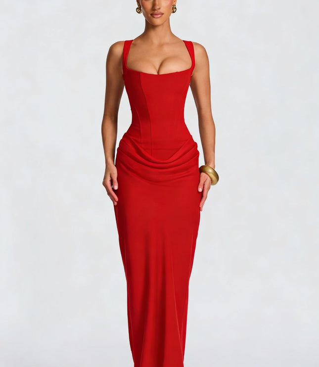 Women's Corset Maxi Dress with Wide Straps and Draped Skirt