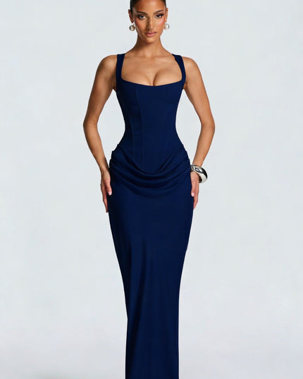 Women's Corset Maxi Dress with Wide Straps and Draped Skirt