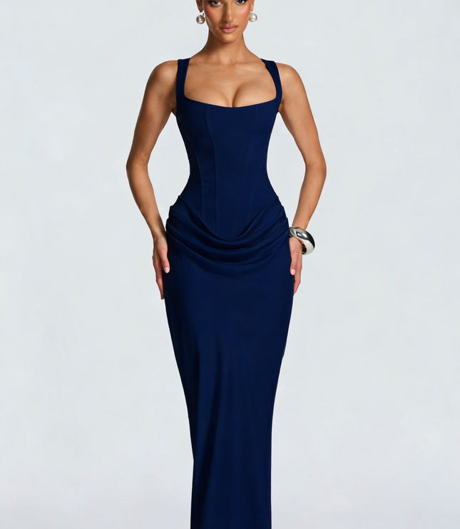 Women's Corset Maxi Dress with Wide Straps and Draped Skirt