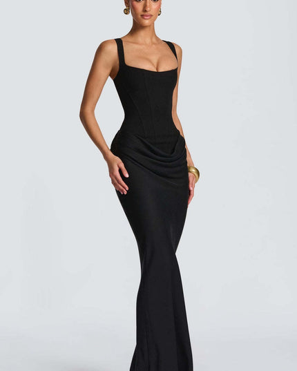 Women's Corset Maxi Dress with Wide Straps and Draped Skirt