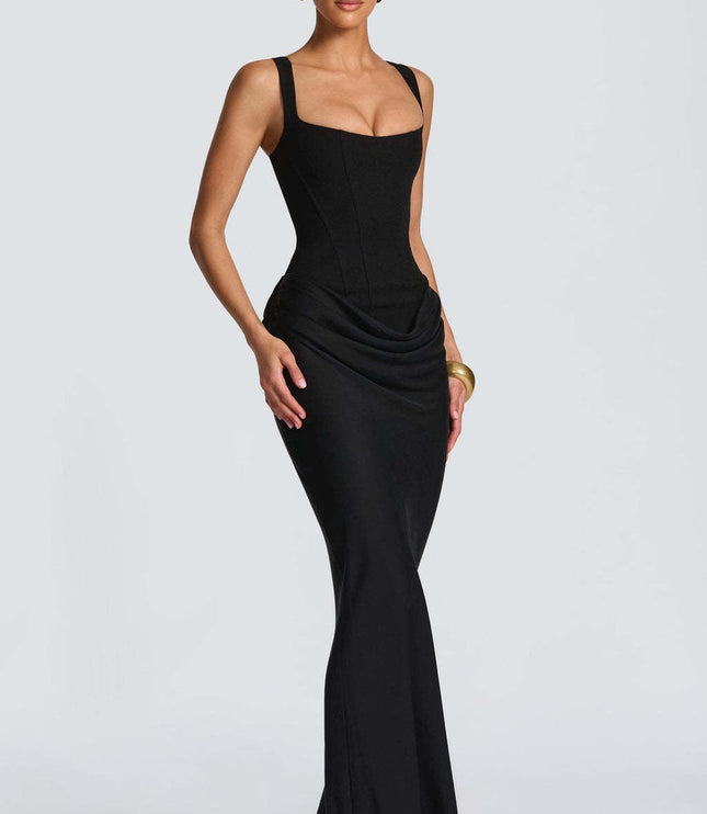Women's Corset Maxi Dress with Wide Straps and Draped Skirt