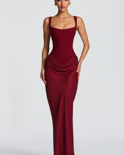 Women's Corset Maxi Dress with Wide Straps and Draped Skirt