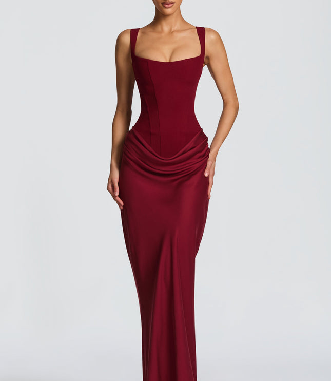 Women's Corset Maxi Dress with Wide Straps and Draped Skirt