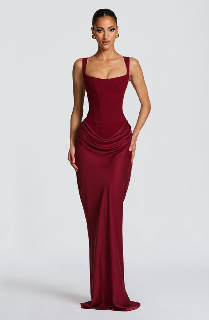 Women's Corset Maxi Dress with Wide Straps and Draped Skirt