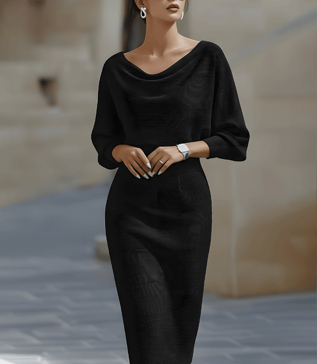 Women's Cowl Neck Batwing Sleeve Midi Dress with Fitted Skirt