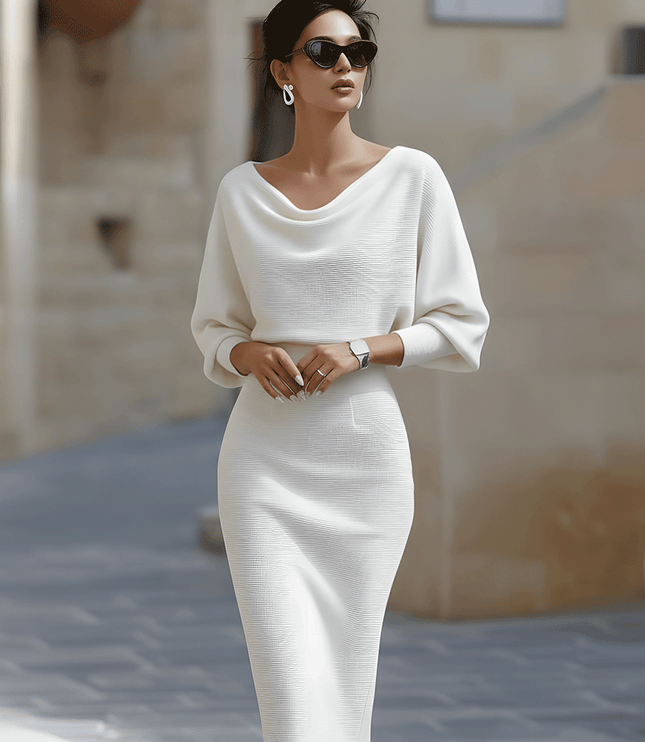 Women's Cowl Neck Batwing Sleeve Midi Dress with Fitted Skirt