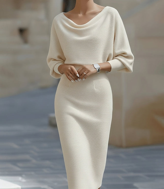 Women's Cowl Neck Batwing Sleeve Midi Dress with Fitted Skirt