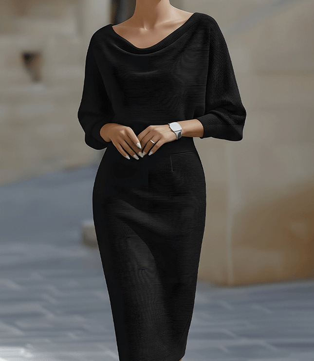 Women's Cowl Neck Batwing Sleeve Midi Dress with Fitted Skirt