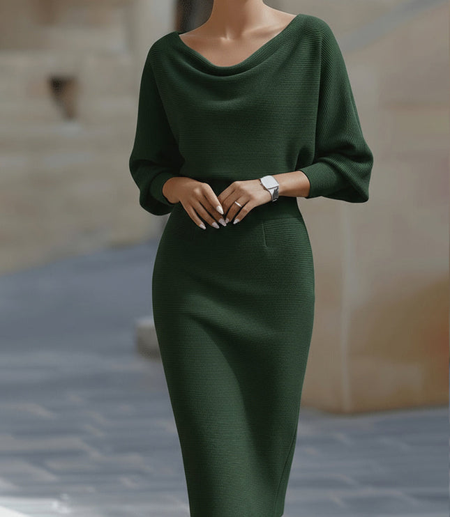 Women's Cowl Neck Batwing Sleeve Midi Dress with Fitted Skirt