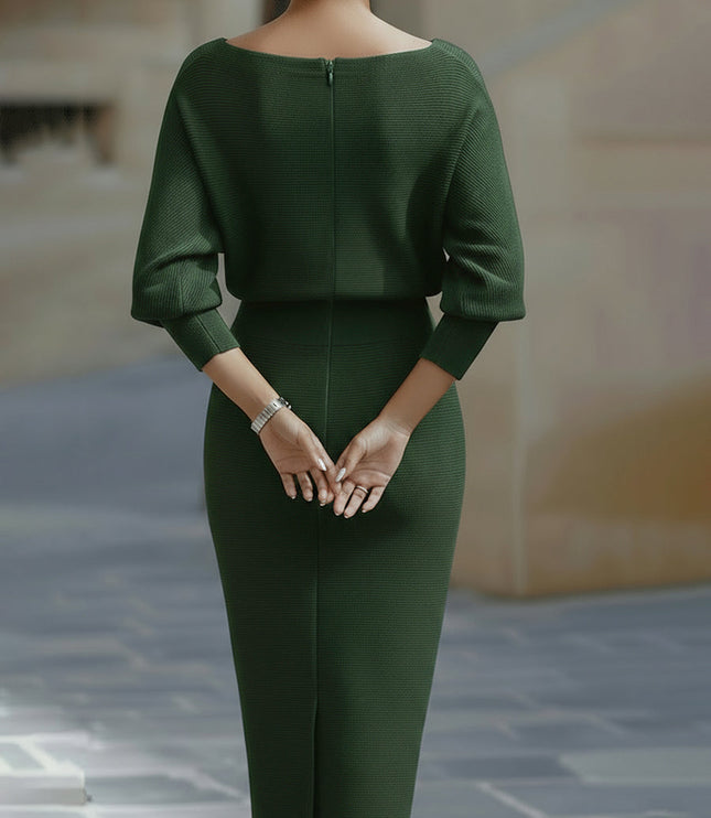 Women's Cowl Neck Batwing Sleeve Midi Dress with Fitted Skirt