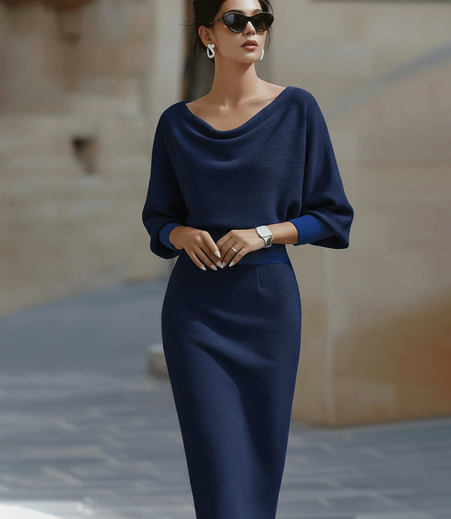 Women's Cowl Neck Batwing Sleeve Midi Dress with Fitted Skirt