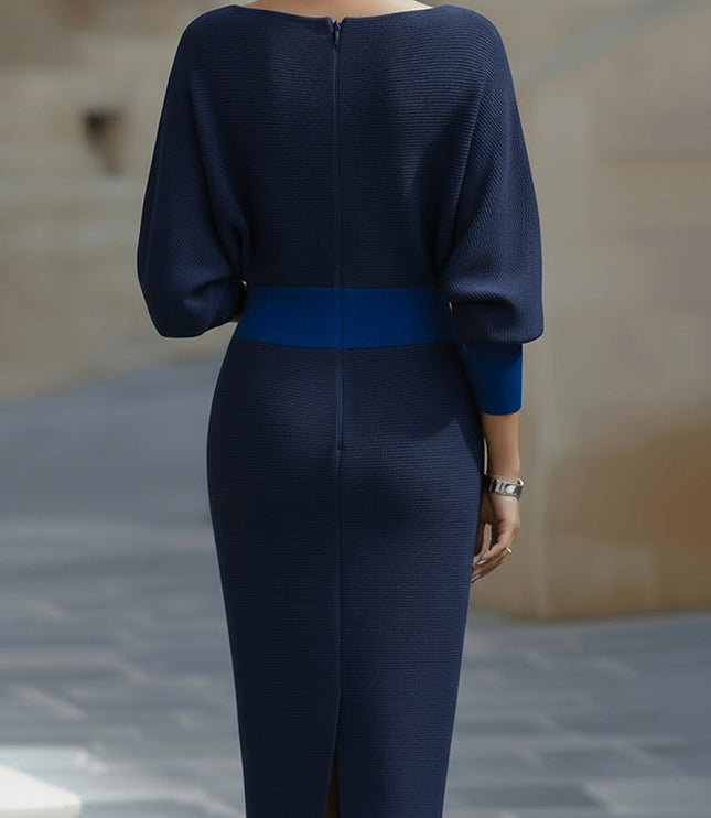 Women's Cowl Neck Batwing Sleeve Midi Dress with Fitted Skirt