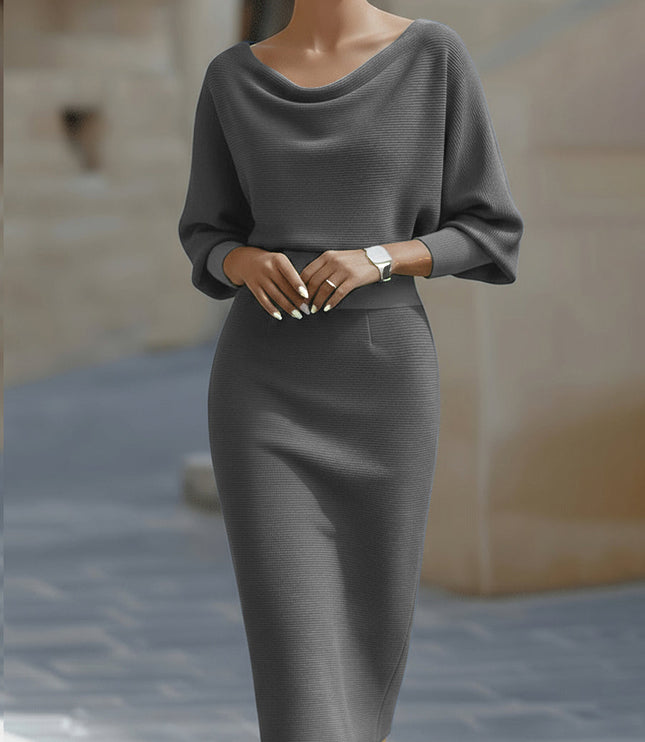 Women's Cowl Neck Batwing Sleeve Midi Dress with Fitted Skirt