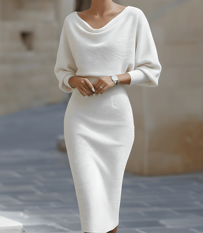 Women's Cowl Neck Batwing Sleeve Midi Dress with Fitted Skirt