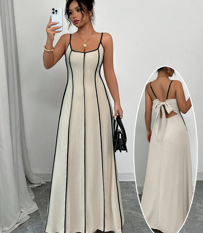 Women's Cream Satin V-Neck Maxi Dress for Summer Weddings