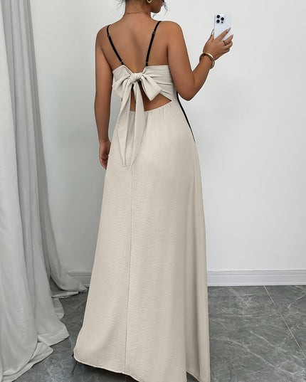 Women's Cream Satin V-Neck Maxi Dress for Summer Weddings