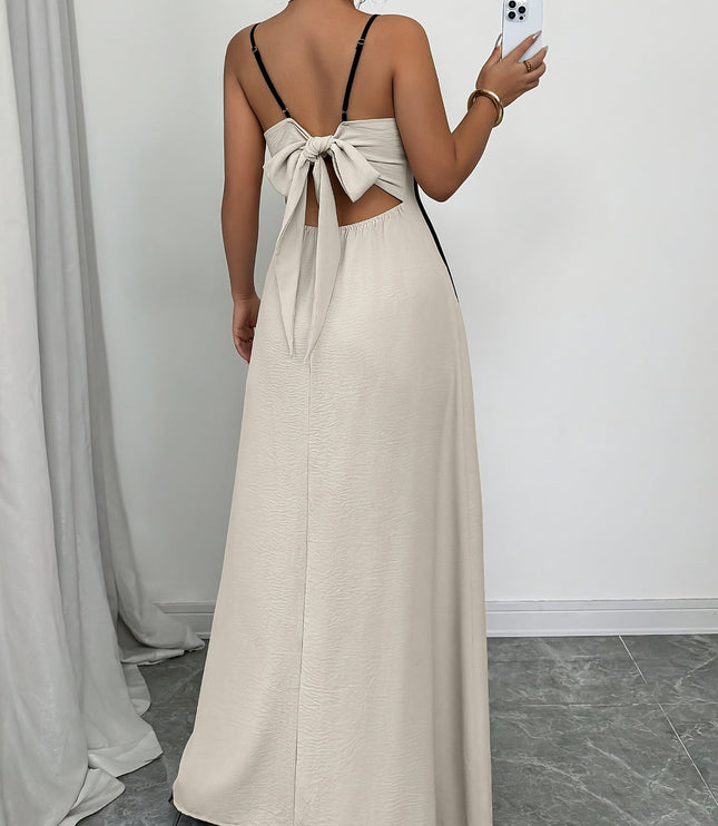 Women's Cream Satin V-Neck Maxi Dress for Summer Weddings